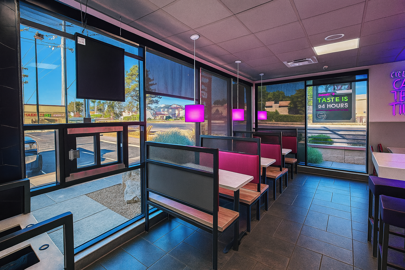 Window booths with pendant lighting