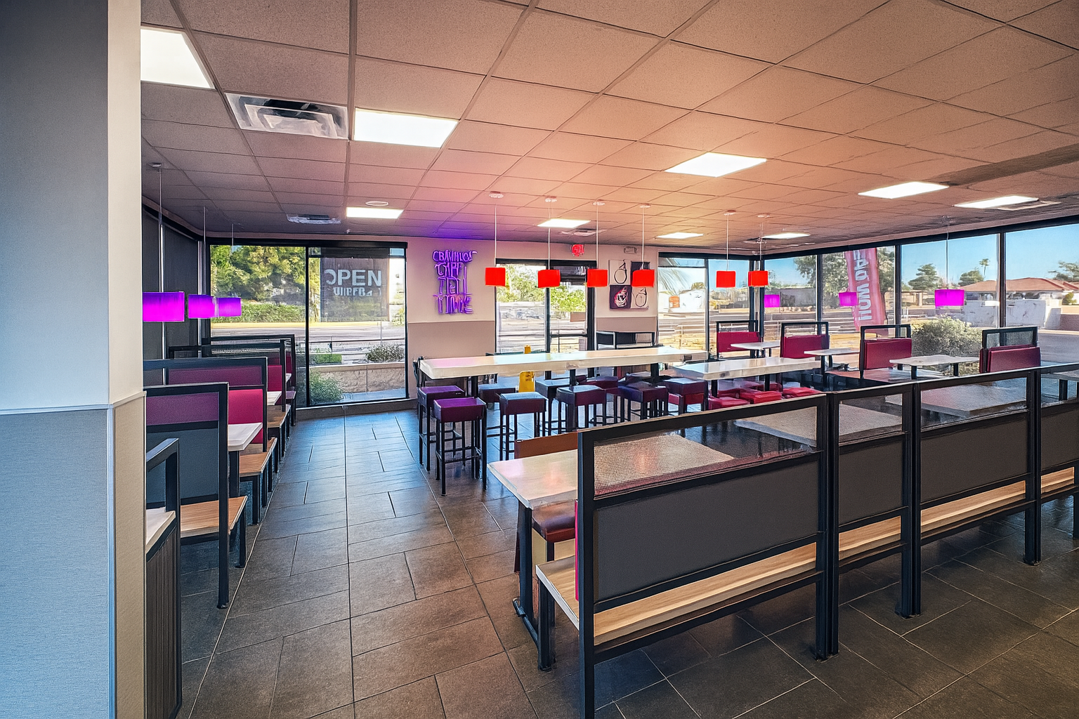 Dining room with booths, bar seating and pendant lights