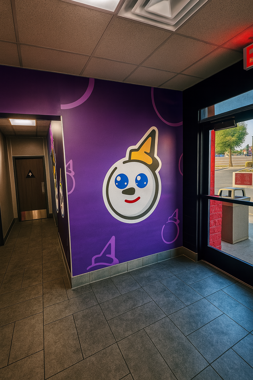Entry corridor with branded wall graphics