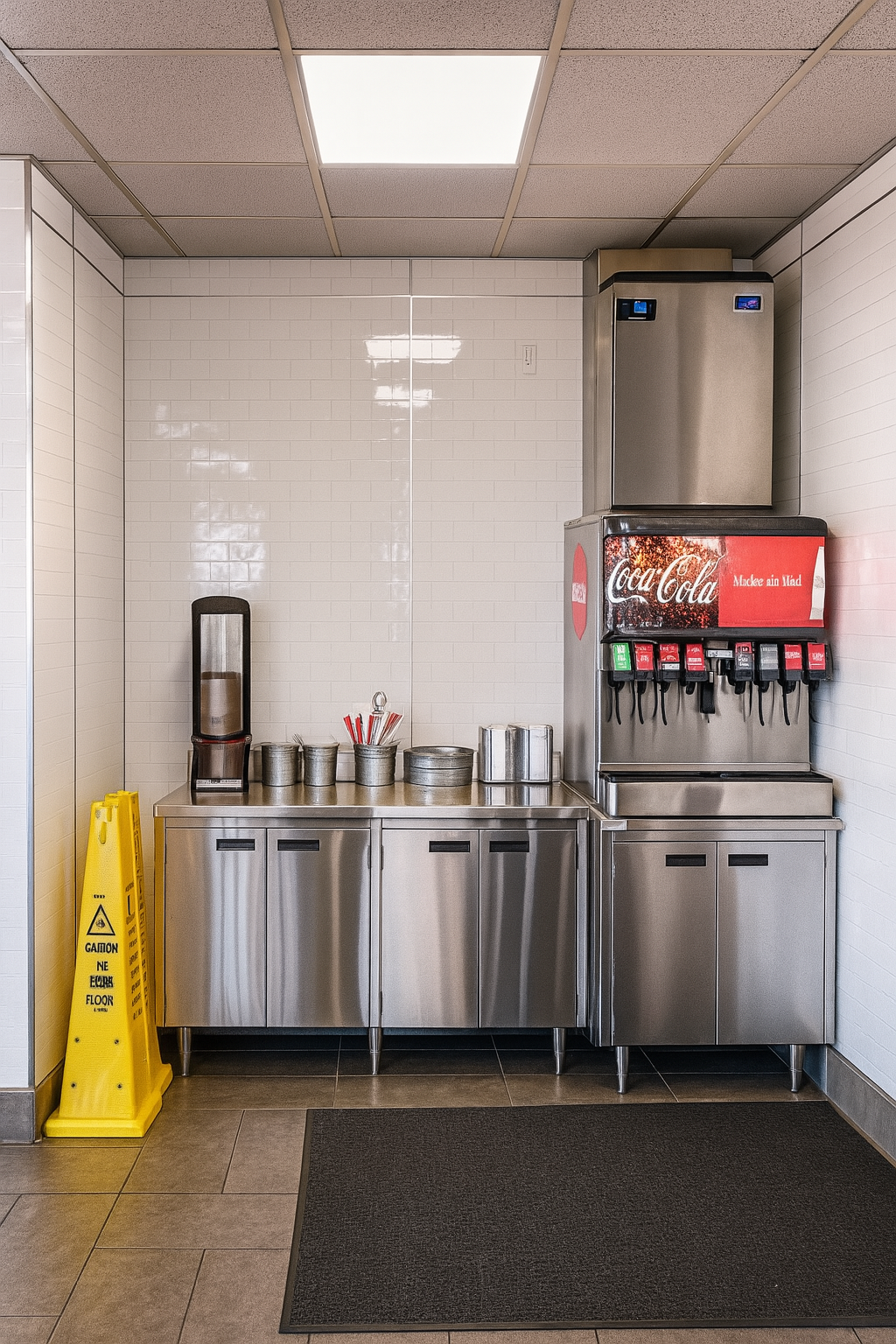 Self-serve drink station with stainless counters