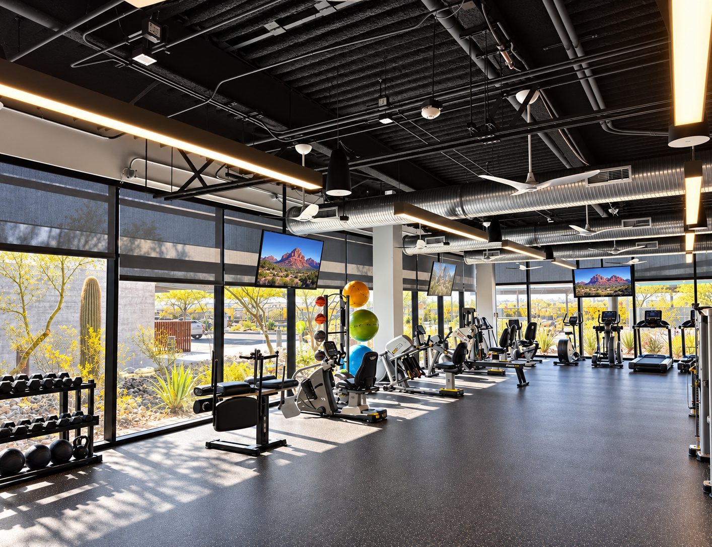 Cardio and strength equipment along full-height glazing with roller shades