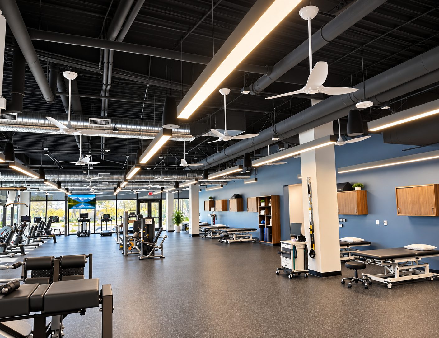 Treatment tables along the blue accent wall under exposed ductwork and linear lighting
